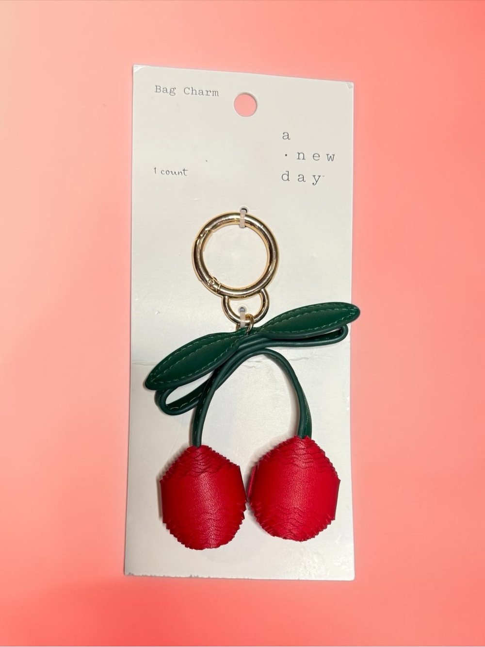 🏷️‼️5/$25🏷️‼️🍒a new day🍒Red Cherry Bag Charm with Green Leaves & Gold Ring/NIP